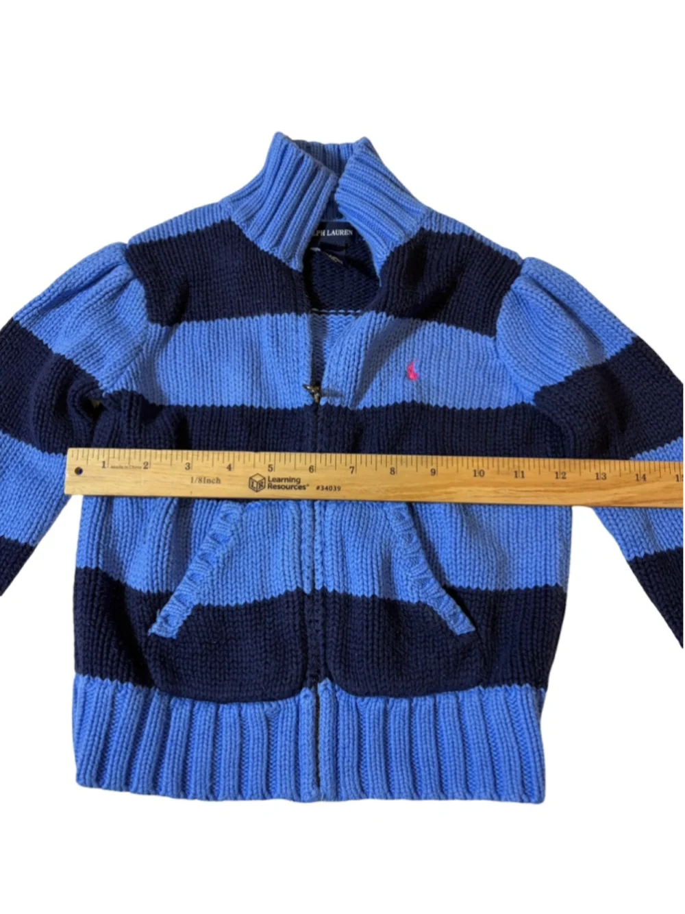 Polo Ralph Lauren Girls 6 Blue Navy Striped Chunky Knit Zip Cardigan Pink Pony